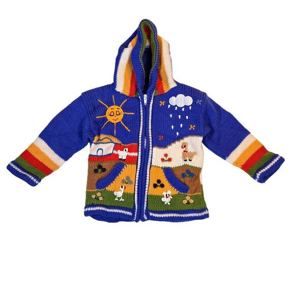 Unbranded Other - Peruvian Children's Hoodie Cardigan Sweater 4T Blue Sun Snow Animals Novelty